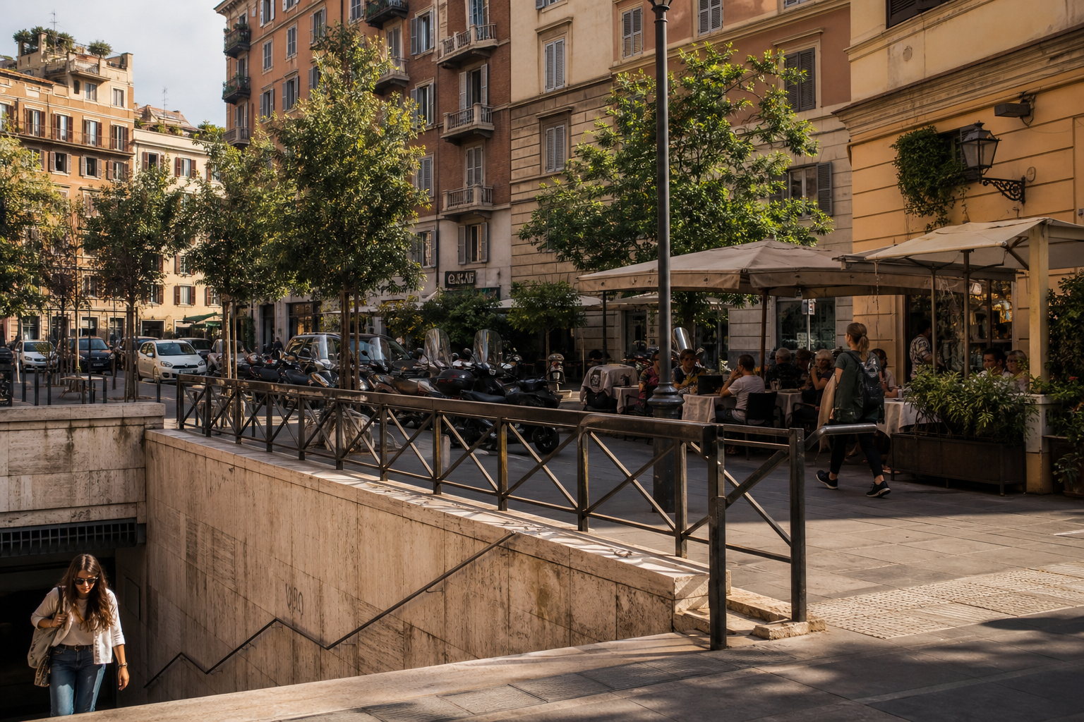 Roma'da metro durağının çevresindeki günlük mahalle yaşamı